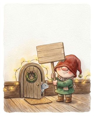 Le lutin se tient devant sa petite porte avec une pancarte